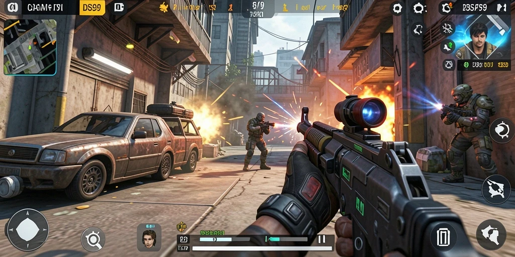 Tampilan gameplay menarik dari DS99 dalam genre FPS.
