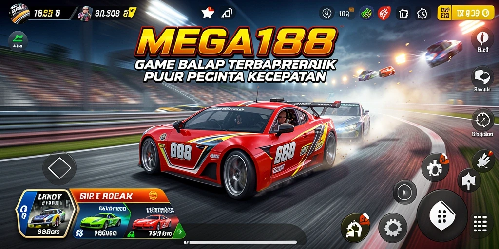 Screenshot gameplay MEGA188 menunjukkan aksi balap yang mendebarkan.