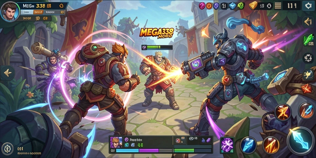 Screenshot gameplay MOBA menampilkan pertarungan antara pahlawan yang menegangkan.