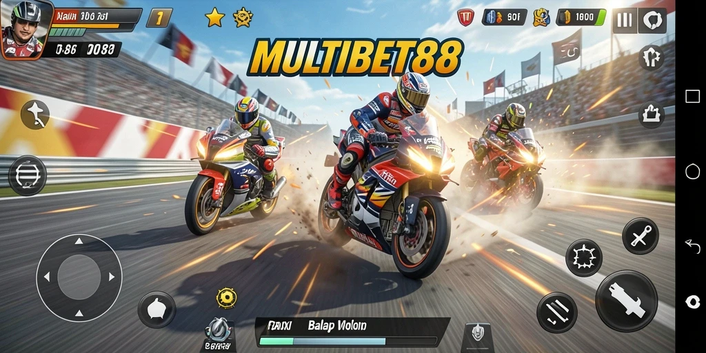 Screenshot gameplay <strong>MULTIBET88</strong> menampilkan balapan motor yang penuh aksi.