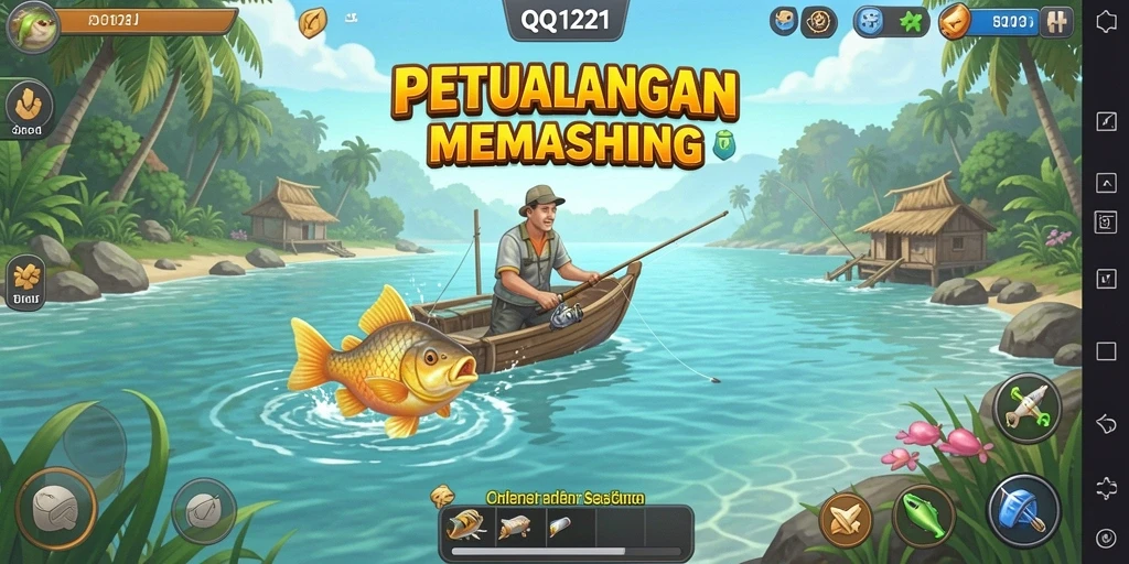 Screenshot gameplay QQ1221 menunjukkan suasana memancing yang menawan.