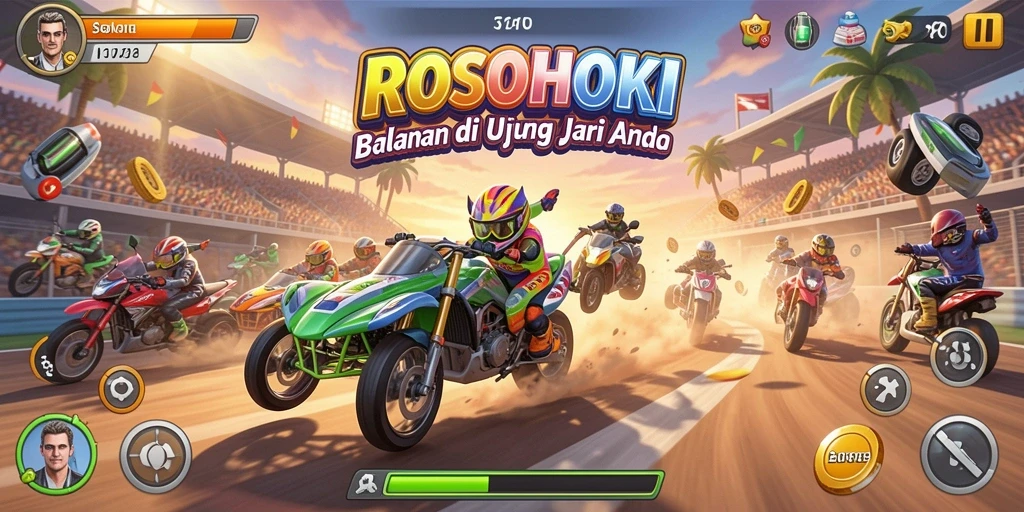 Tampilan gameplay ROSOHOKI dengan balapan yang mendebarkan dan mobil yang variatif.